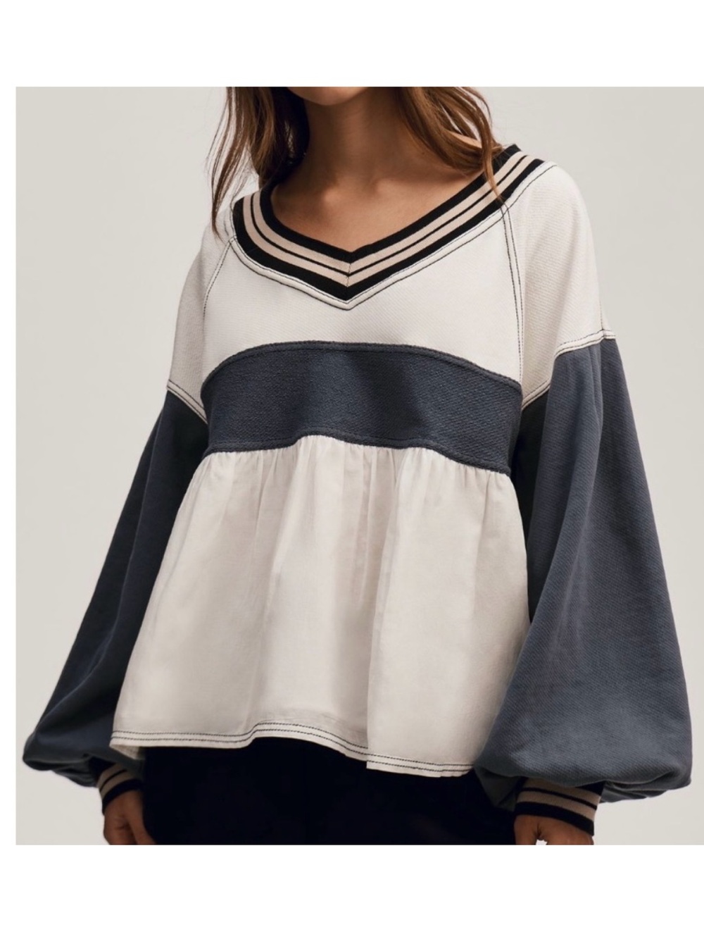 Anthropologie Navy and Cream V‑Neck Peplum Sweatshirt